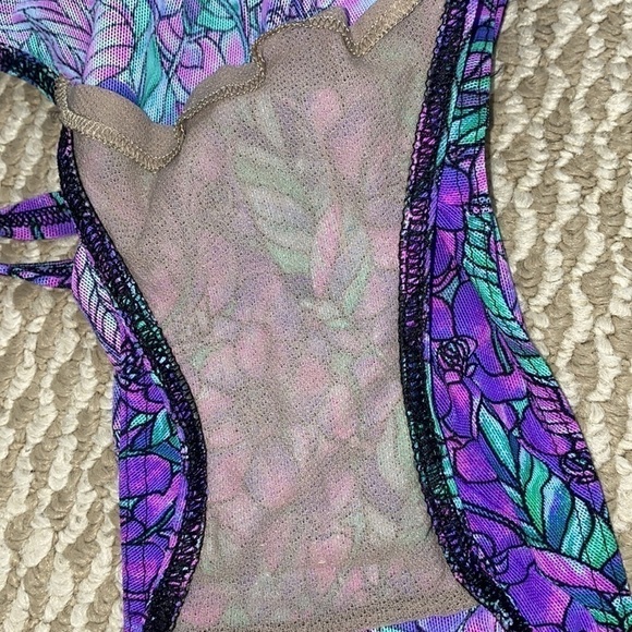 SCLAR Purple Floral Vintage Retro Style Y2K Semi Sheer Bodysuit Leotard Size 12 - Picture 8 of 9